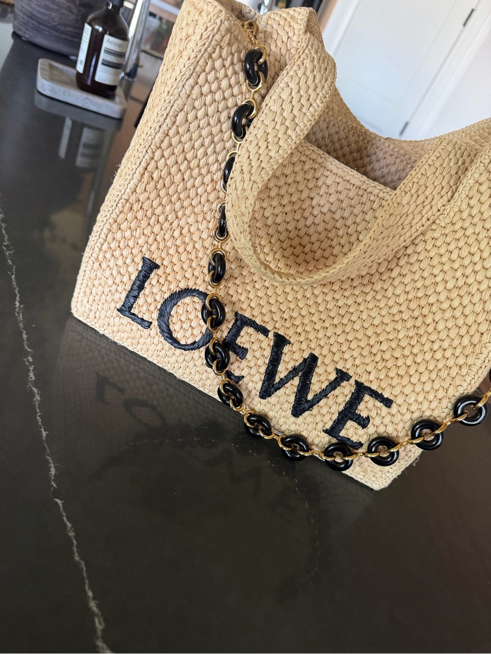 Loewe Natural Raffia Tote with Black Logo and Chain